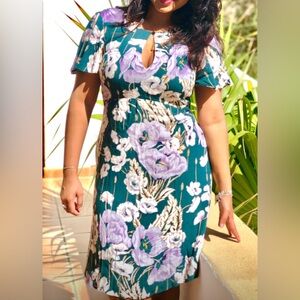 Dark green and lavender key hold dress w/ flutter sleeves, knee-length